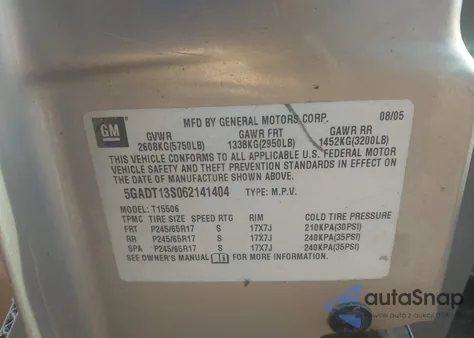 2006 Buick Rainier Cxl z USA, uszkodzony, nr VIN 5GADT13S062141404